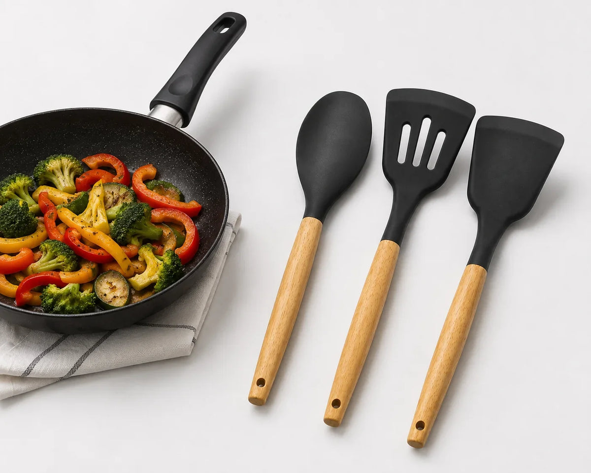 Premium Silicone Kitchen Utensil Set (3-Piece) with Wooden Handles