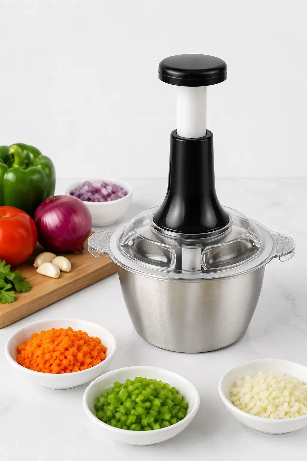 Stainless Steel Push Chopper Bowl – 2L Manual Food Chopper