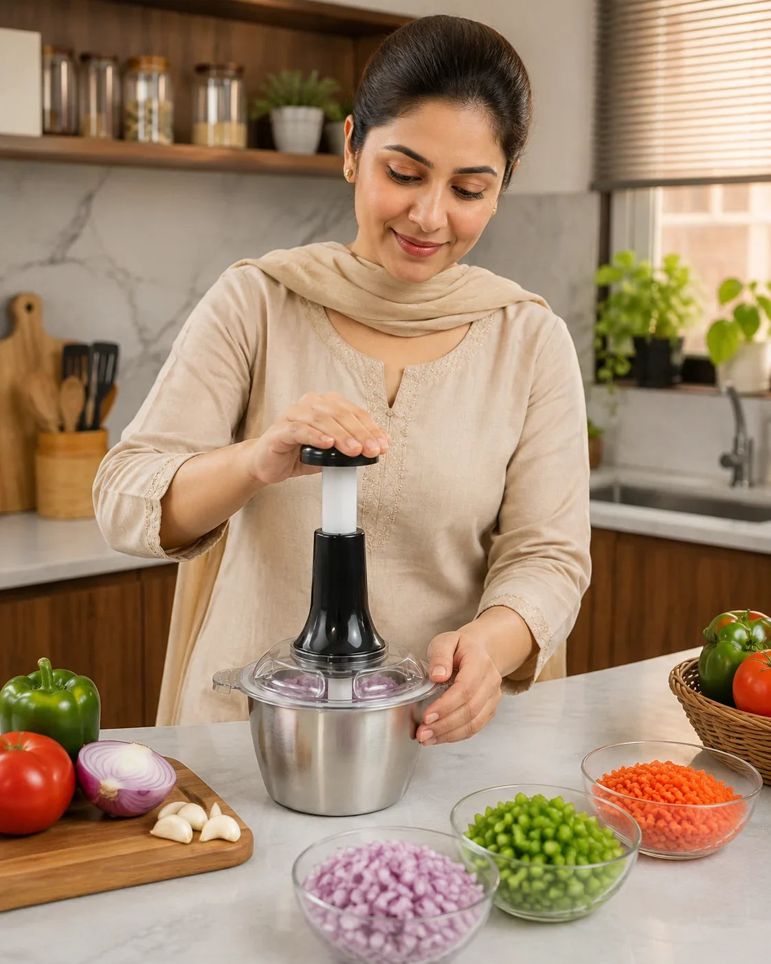 Stainless Steel Push Chopper Bowl – 2L Manual Food Chopper