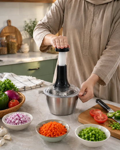 Stainless Steel Push Chopper Bowl – 2L Manual Food Chopper