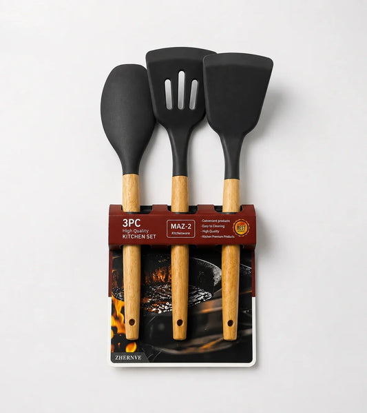 Premium Silicone Kitchen Utensil Set (3-Piece) with Wooden Handles
