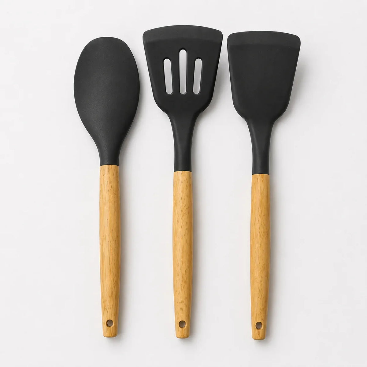 Premium Silicone Kitchen Utensil Set (3-Piece) with Wooden Handles