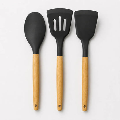 Premium Silicone Kitchen Utensil Set (3-Piece) with Wooden Handles