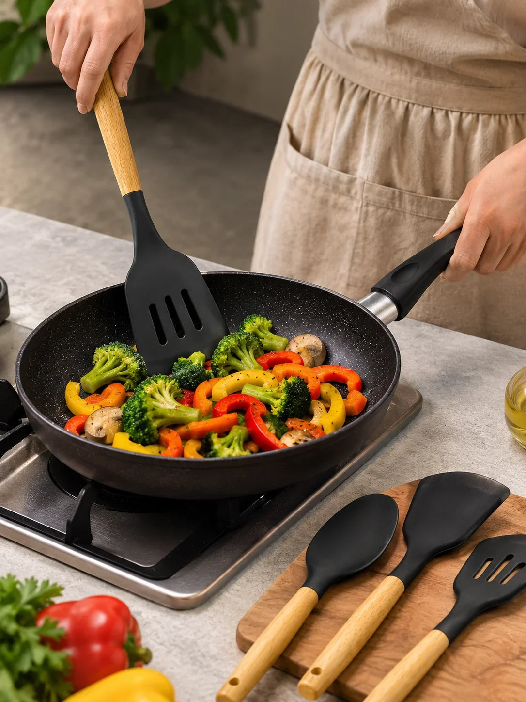 Premium Silicone Kitchen Utensil Set (3-Piece) with Wooden Handles