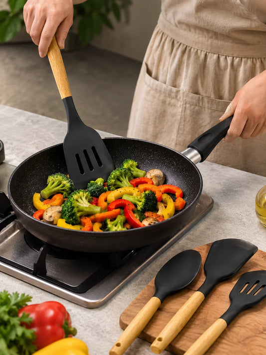 Premium Silicone Kitchen Utensil Set (3-Piece) with Wooden Handles