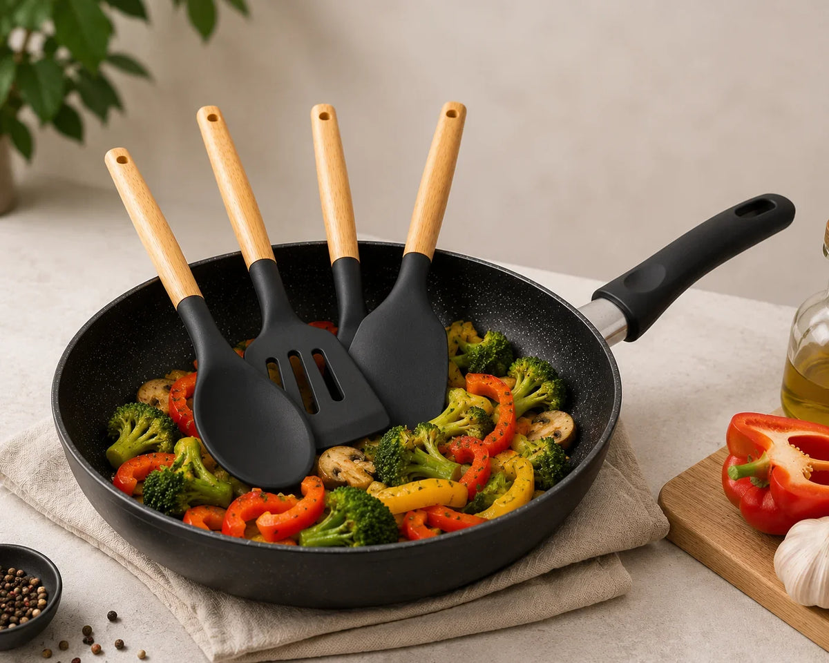 Premium Silicone Kitchen Utensil Set (3-Piece) with Wooden Handles
