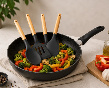 Premium Silicone Kitchen Utensil Set (3-Piece) with Wooden Handles