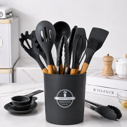 Premium Silicone Kitchen Utensil Set (12-Piece) with Wooden Handles