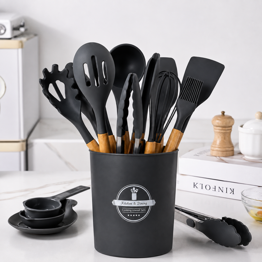 Premium Silicone Kitchen Utensil Set (12-Piece) with Wooden Handles