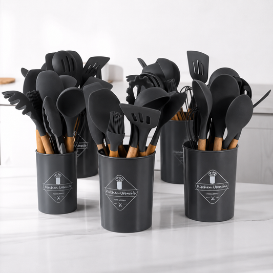 Premium Silicone Kitchen Utensil Set (12-Piece) with Wooden Handles