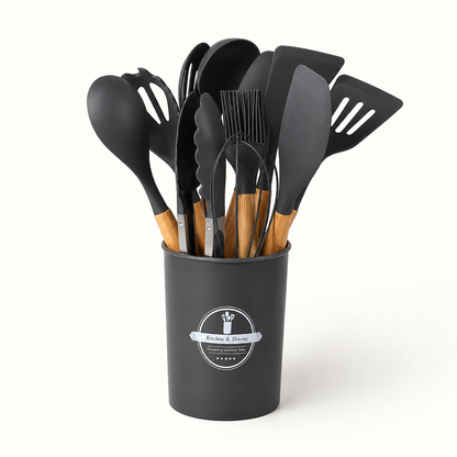 Premium Silicone Kitchen Utensil Set (12-Piece) with Wooden Handles