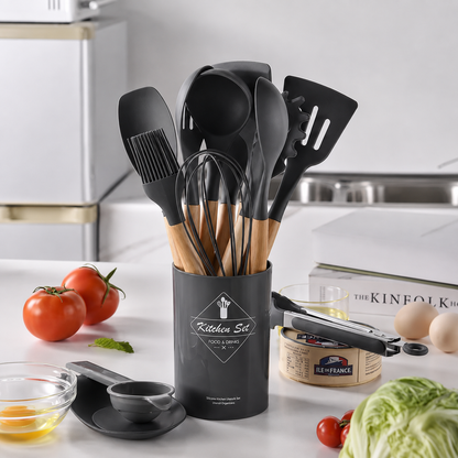 Premium Silicone Kitchen Utensil Set (12-Piece) with Wooden Handles