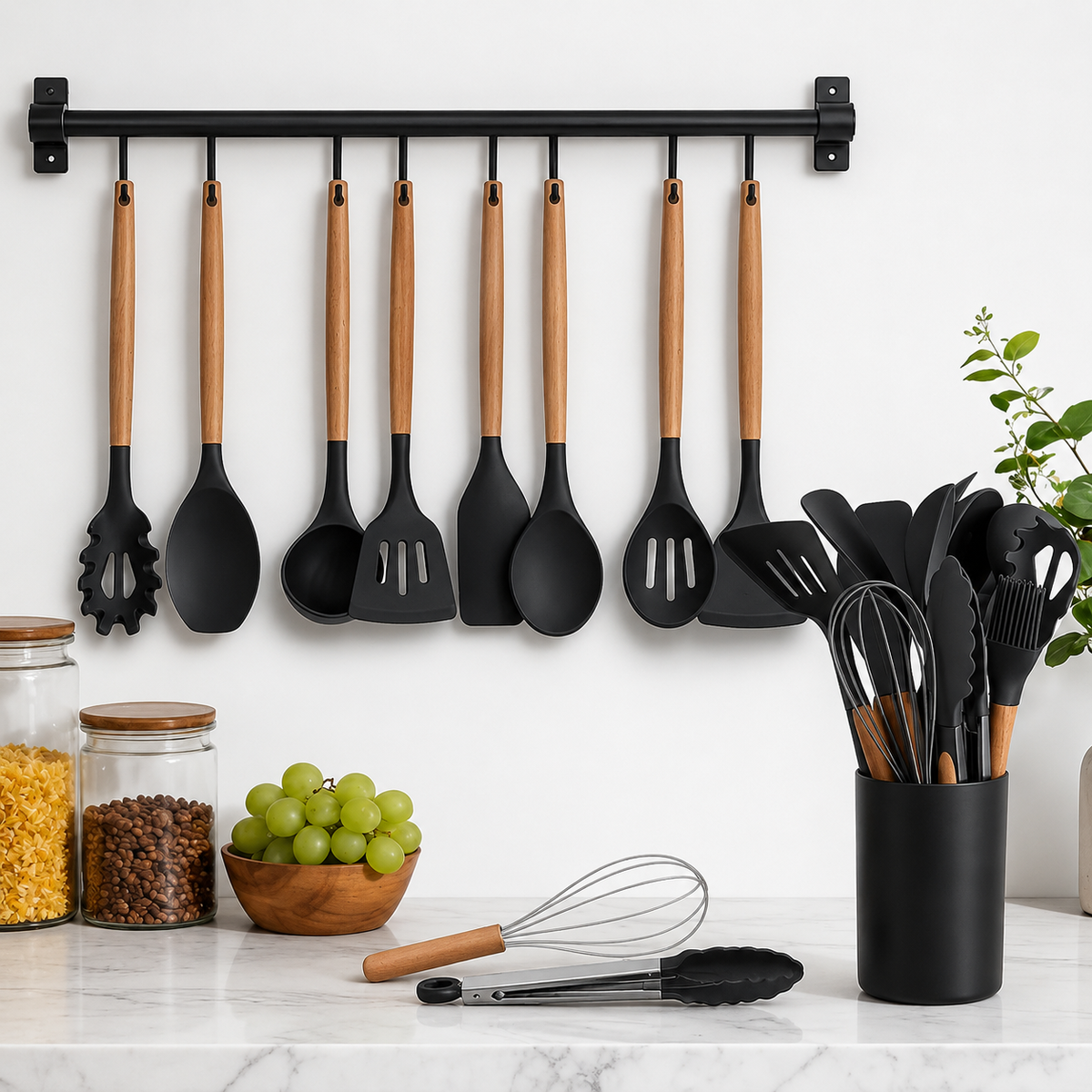 Premium Silicone Kitchen Utensil Set (12-Piece) with Wooden Handles