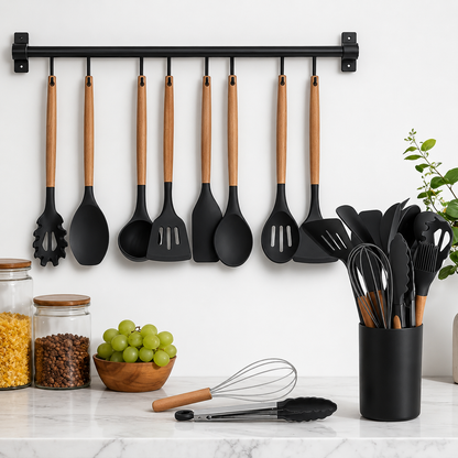 Premium Silicone Kitchen Utensil Set (12-Piece) with Wooden Handles