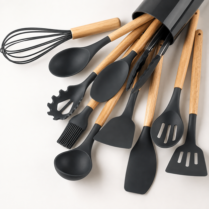 Premium Silicone Kitchen Utensil Set (12-Piece) with Wooden Handles